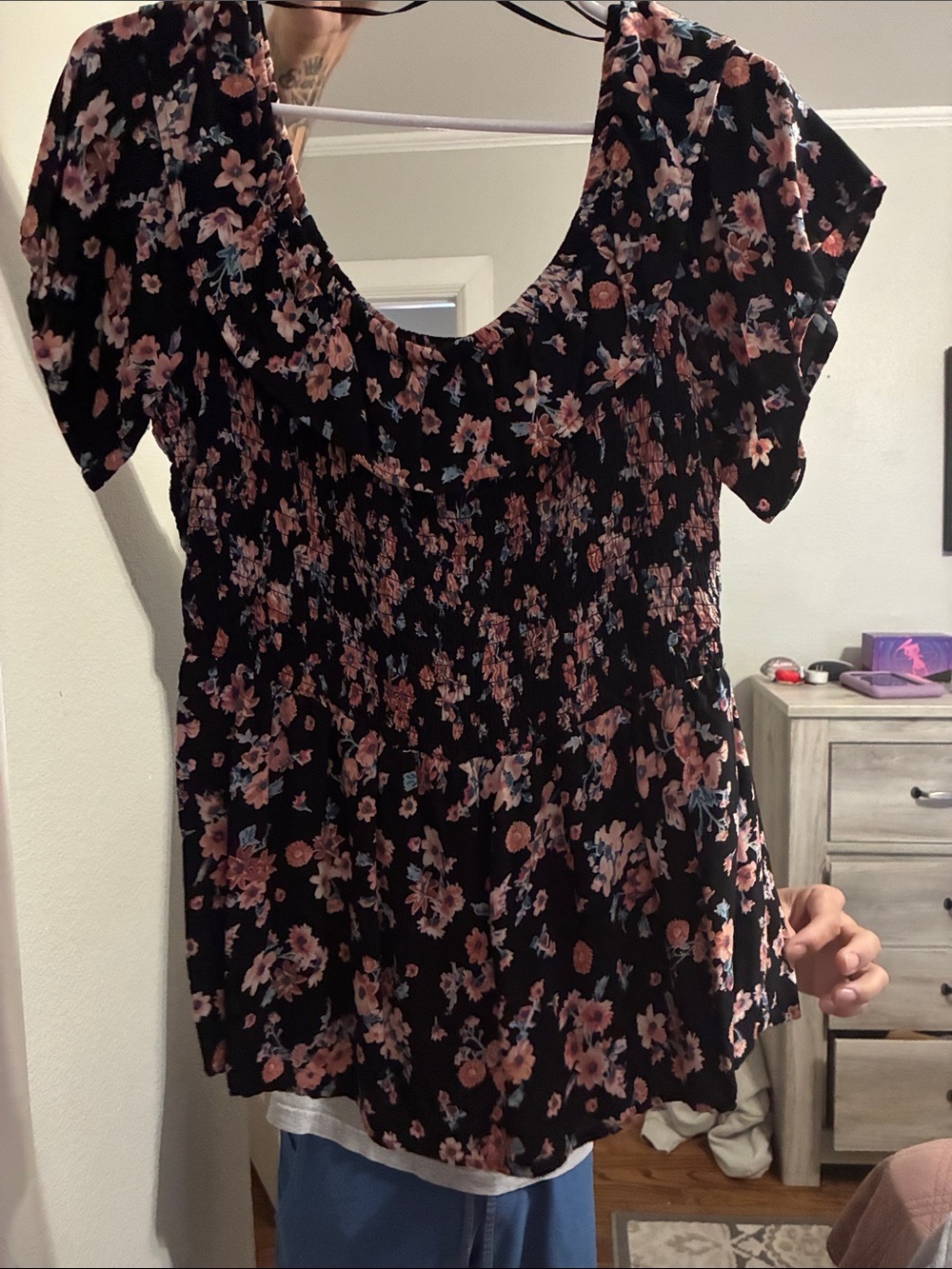 Maurices Black Floral Smocked Peplum Top